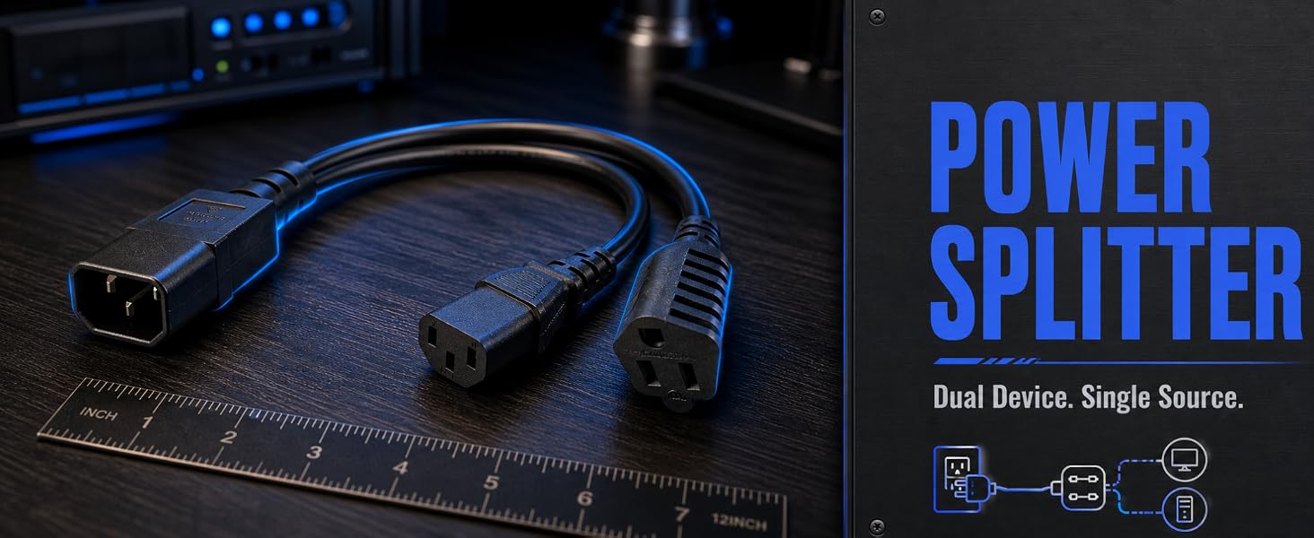 C14 to C13+5-15R Y Split Short Power Adapter Cord