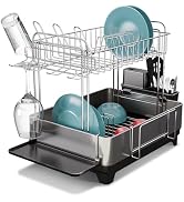Home Zone Living Large 2-Tier Stainless Steel Dish Drying Rack with Drain Pipe and Utensil Holders