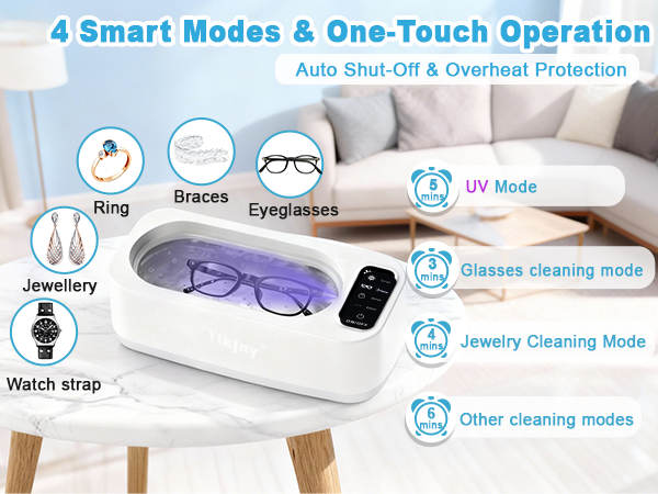 Text reads '4 Smart Modes & One-Touch Operation', 'UV Mode', 'Glasses cleaning mode', 'Jewelry cleaning mode', 'Other cleaning modes'. Device showing icons for cleaning jewelry, glasses, watches and protective features.