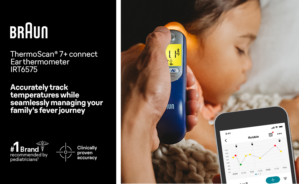 Parent taking temperature of kid with Braun Ear Thermometer with app monitoring.