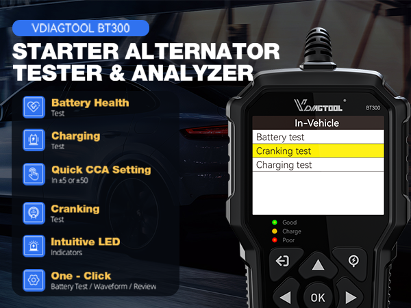Text reads 'VDIAGTOOL BT500', 'STARTER ALTERNATOR TESTER & ANALYZER'. Digital device interface showing diagnostic menu options including 'Cranking' and 'Battery Monitor'.