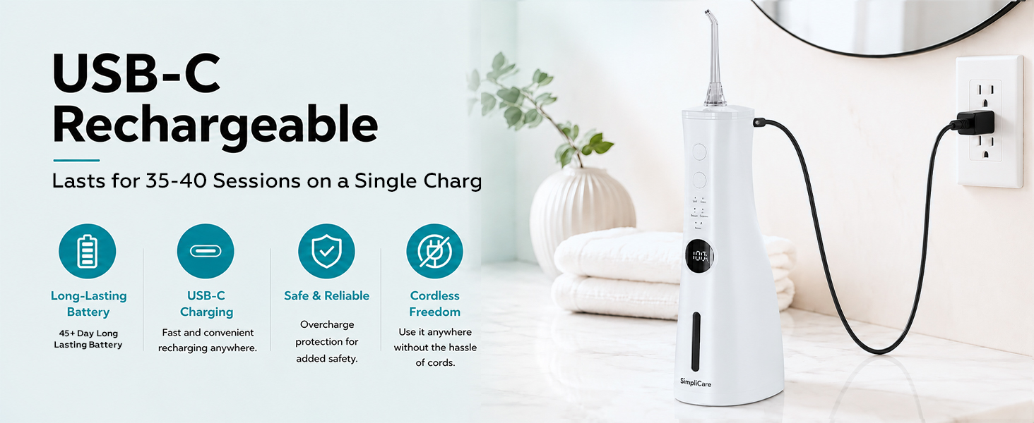 SimpliCare F5039 cordless water flosser with 8 tips for daily oral care