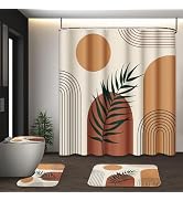 Tayney Mid Century Bohemian Shower Curtain Set with Toilet Lid Cover and Non-Slip Rugs, Abstract ...