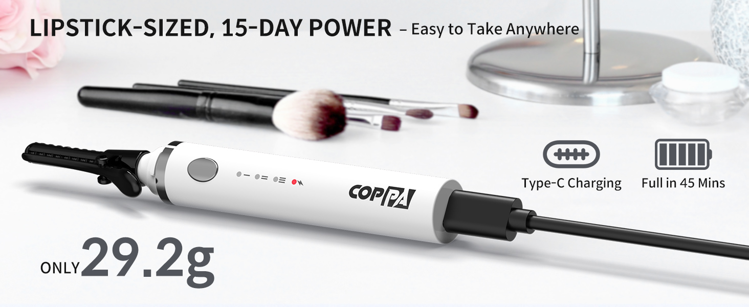 Compact electric toothbrush with 15-day battery life, weighing 29.2g. Features Type-C charging, full charge in 45 mins. Shown with makeup brushes for size comparison.