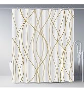 Punkray Gold Light Brown and White Striped Wavy Line Fabric Shower Curtain for Bathroom with Hook...