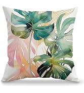 BILLAION Tropical Monstera Leaf Pillow Cover 18x18, Boho Abstract Watercolor Pink and Green Plant...