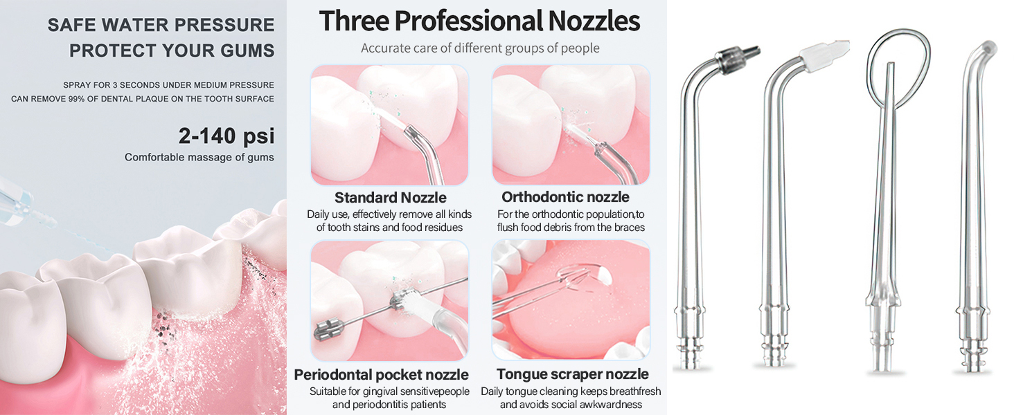 Text reads 'Three Professional Nozzles'. Diagram showing dental cleaning techniques and illustrations of three different dental cleaning tools.