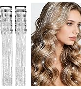 12 Pcs 20 Inch Clip in Hair Tinsel Kit, Silver Glitter Fairy Hair Extensions, Festival Party Hair...