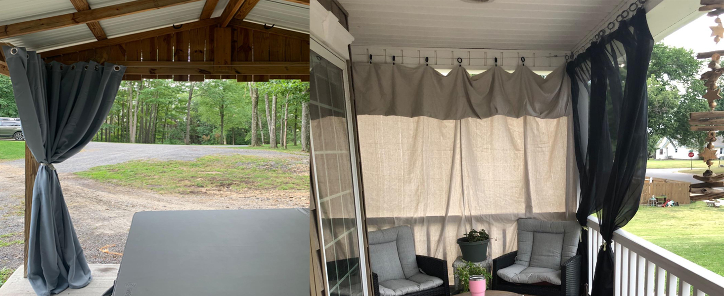before and after of a patio door with a window curtain
