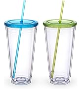 Zukro Clear Acrylic Tumbler with Straw and Lid 32 oz, Double Walled Insulated Reusable Plastic Ic...