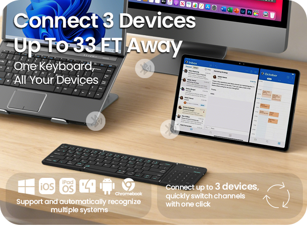 Connect up to 3 devices and switch instantly between tablet laptop and phone with one keyboard