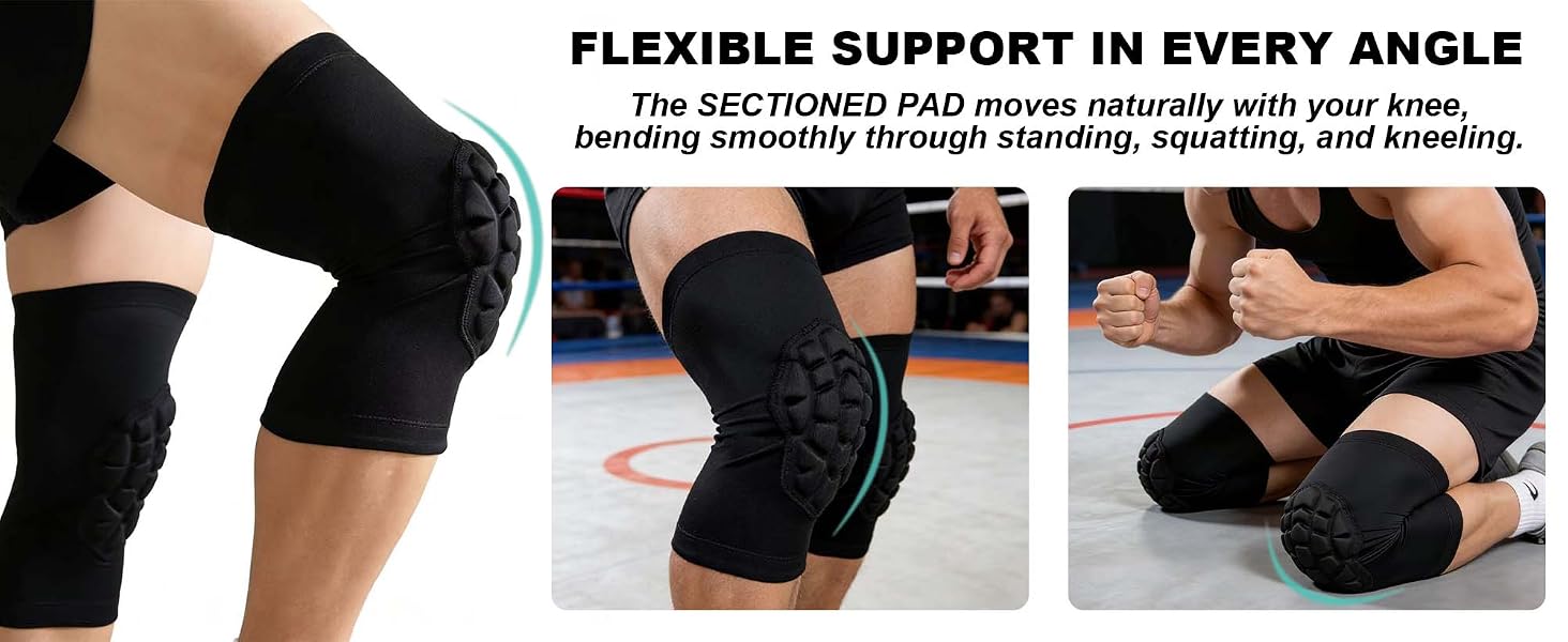 Sectioned knee pads bends smoothly through standing, squatting, and kneeling, perfect for wrestling