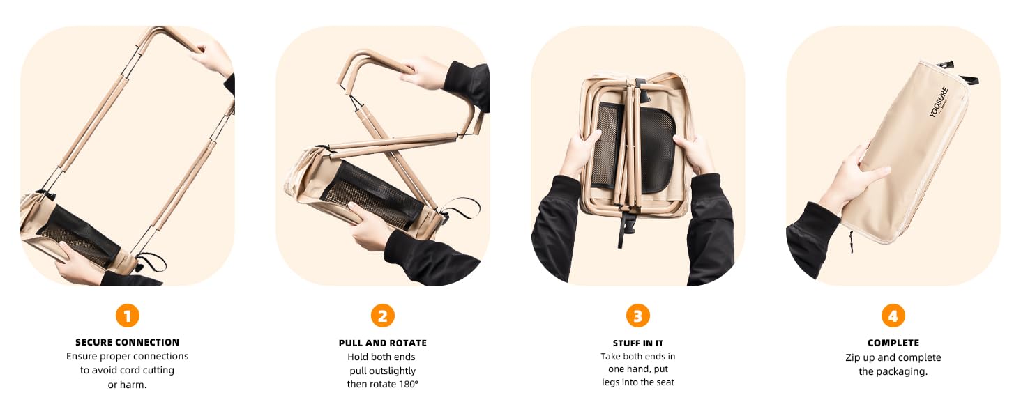 4-Step Storage: Extend the chair legs, rotate 180 degrees, pack into the bag, and zip it closed.