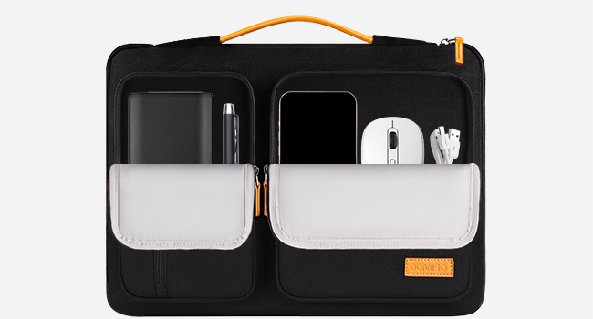 Black protective eyewear case shown from multiple angles, featuring orange accent strap and hard shell construction.