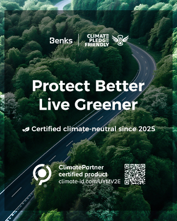 Text reads 'Protect Better Live Greener' followed by 'Certified climate neutral since 2025'. Dark green background with leaves and QR codes visible.