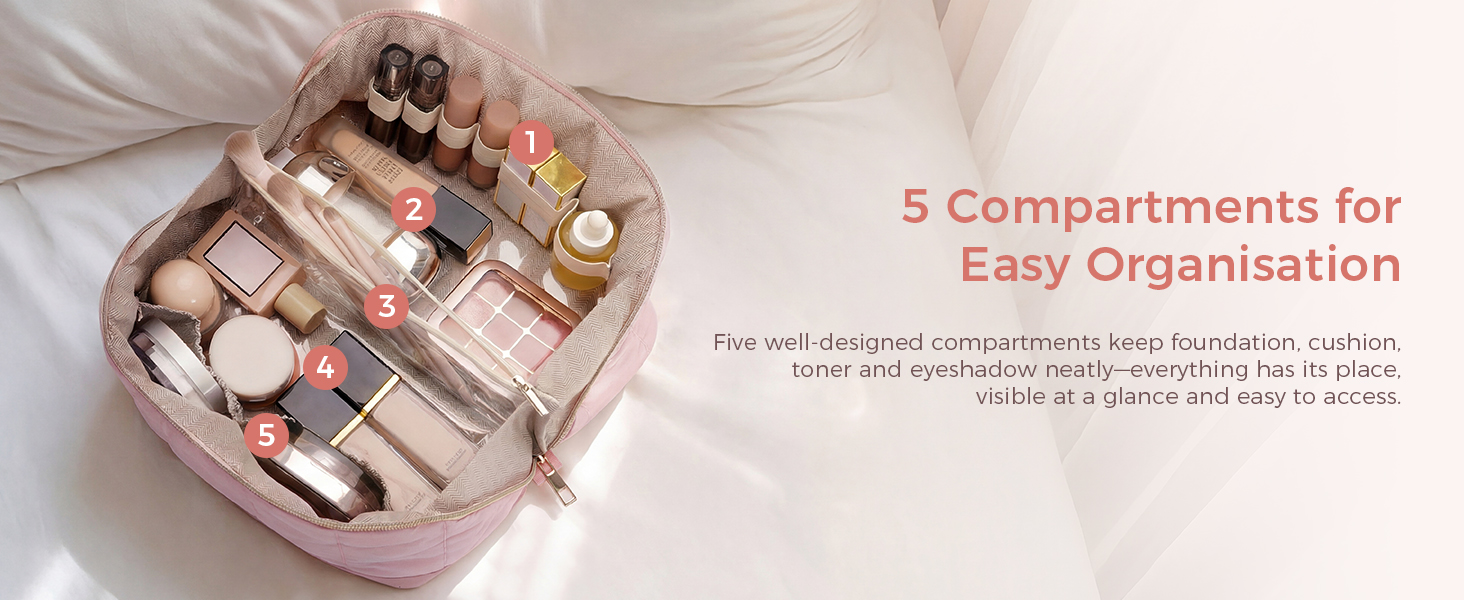 Text reads '5 Compartments for Easy Organisation'. Pink cosmetics organizer box with multiple compartments containing makeup products, brushes, and accessories arranged for storage and accessibility.