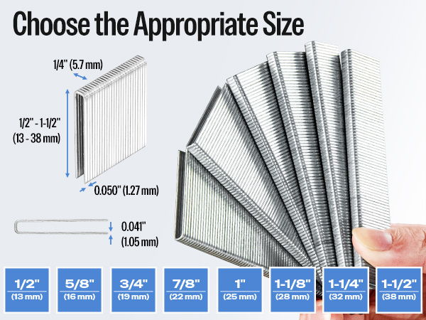 Assortment of metal staples in various sizes from 1/2 inch to 1-1/2 inches. Detailed measurements and a hand for scale are shown. Text advises on choosing appropriate size.