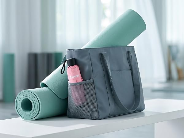 Yoga Mat Tote Bag, Gray, with Mesh Side Pocket, Fits Most Yoga Mats, Gym Carry Bag