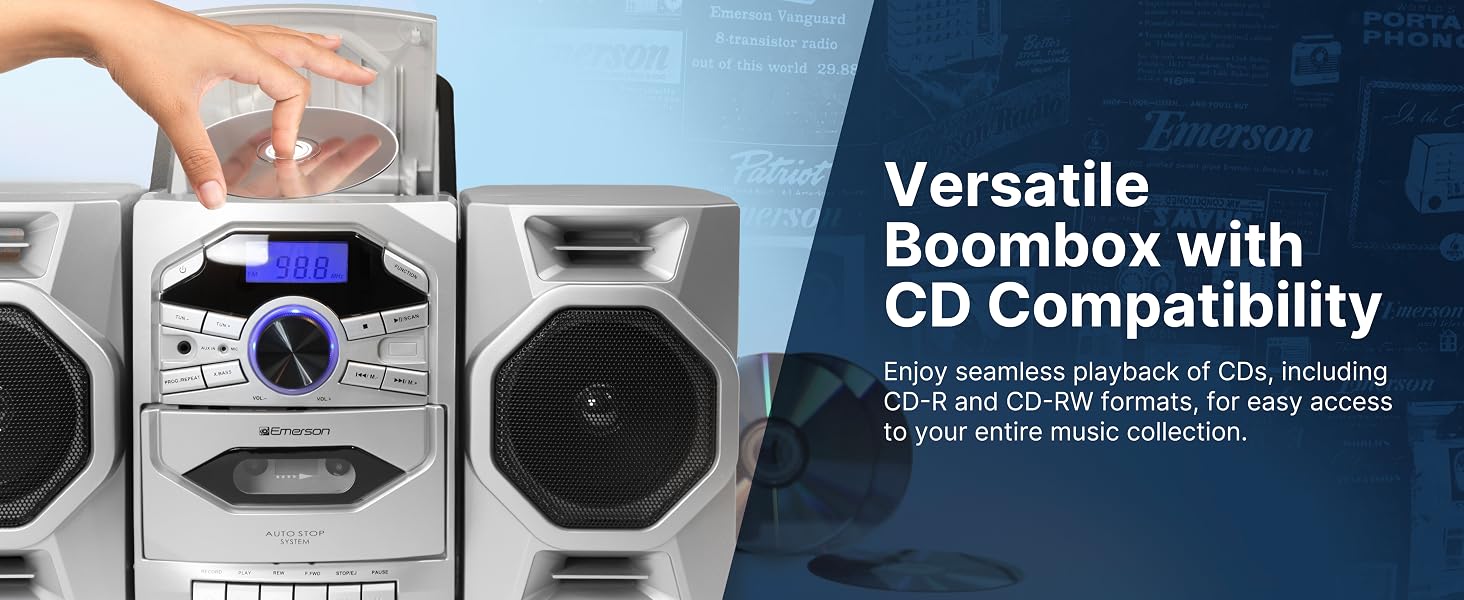 CD Player Boombox features top-loading CD slot, easy to insert or remove CDs from the Stereo Boombox