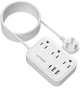 10FT Extension Cord with UK Plug Adapter, US to UK Plug Adapter with 3 Outlets 3 USB Charging Por...