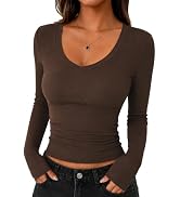 LOMON Long Sleeve Shirts for Women Deep V Neck T-Shirt Ribbed Knit Slim Fit Casual Basic Crop Top...