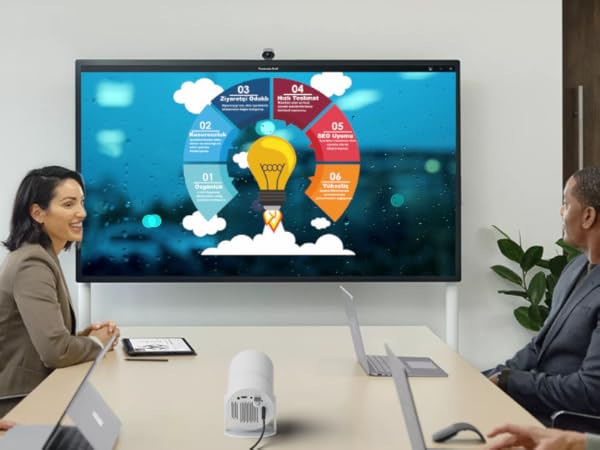 Business meeting scene with wall-mounted display showing colorful infographic wheel diagram, office setting with modern furnishings.