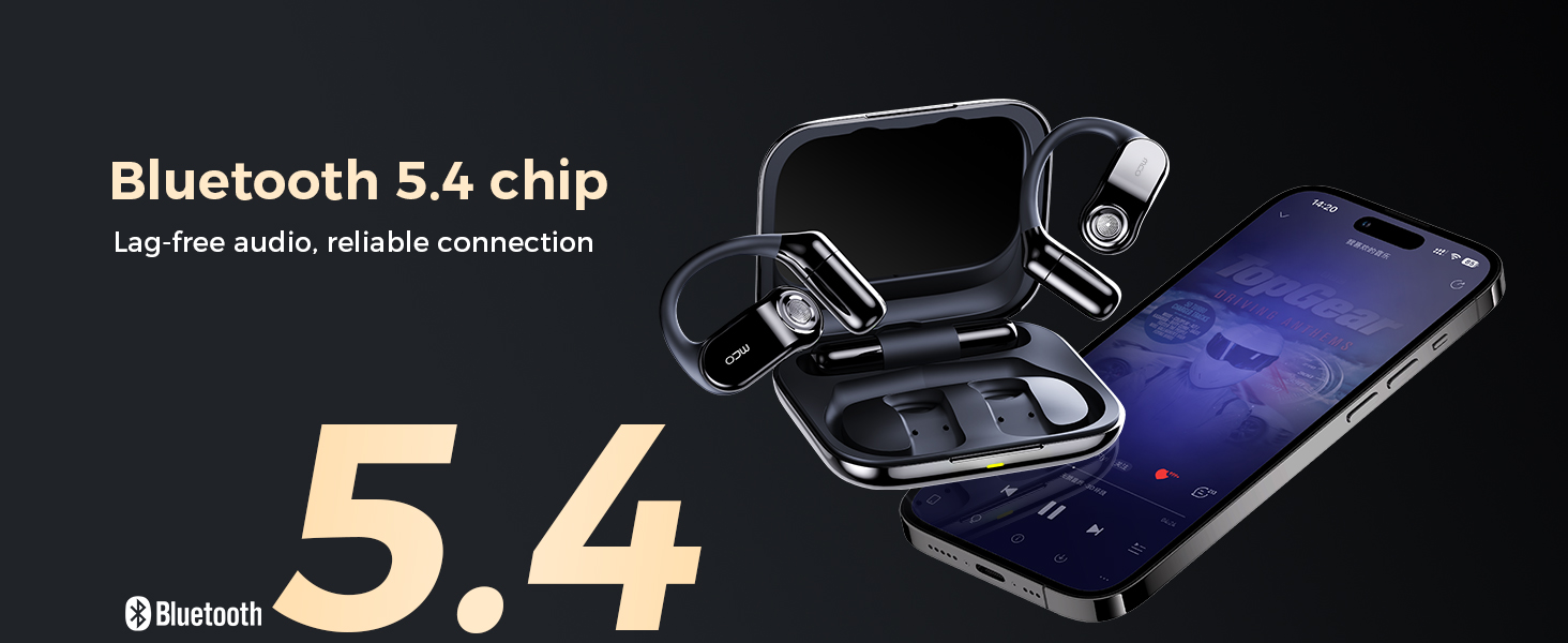Text reads 'Bluetooth 5.4 chip' with large '5.4' numbers. Technical product display showing wireless connectivity features against dark backdrop with blue lighting effects.