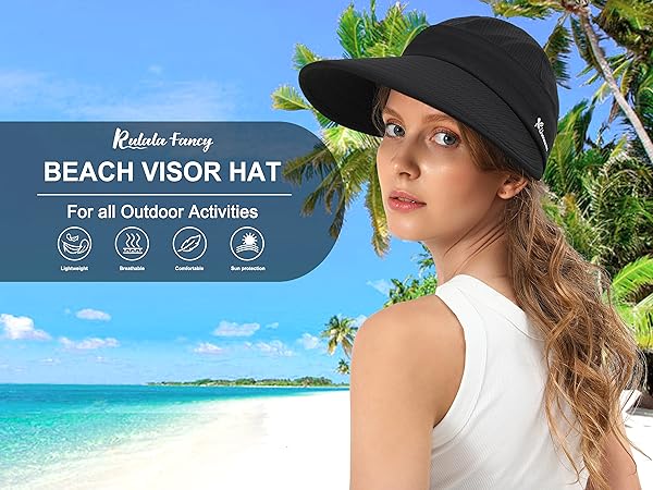 Sun Hat Women Beach Visor Summer Wide Brim UV Protection UPF Cotton Black