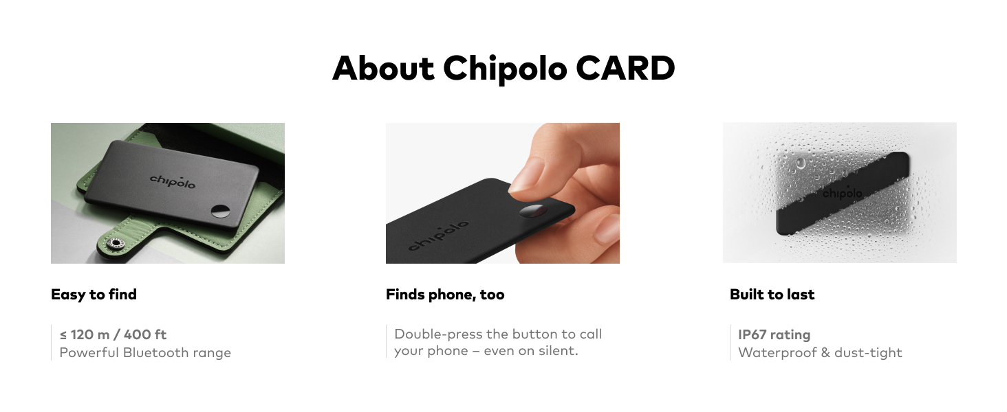 Text reads: 'About Chipolo CARD'. Three product views showing black rectangular tracking card device from different angles - front, held in hand, and edge view.