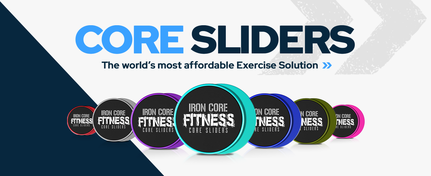 Text reads 'CORE SLIDERS The world's most affordable Exercise Solution'. Shows seven circular fitness slider discs in different colors with 'FITNESS' text on each.