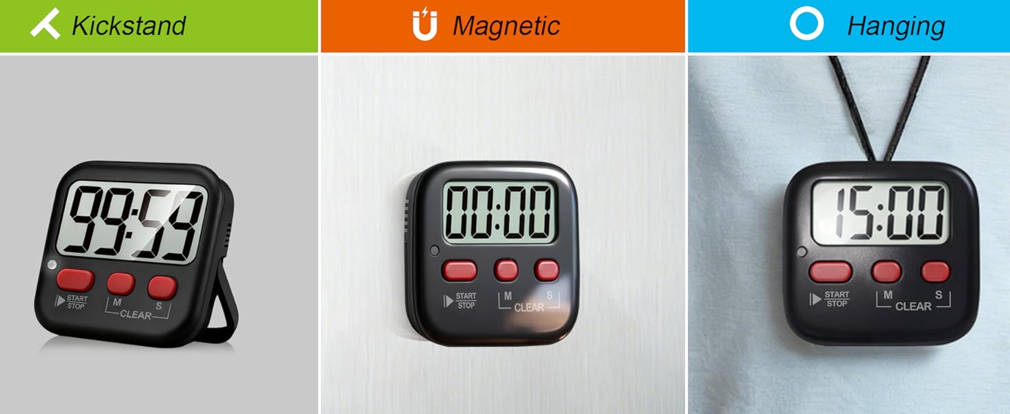 Digital timer displays showing different modes labeled 'Regular', 'Magnetic', and 'Standing' with various time readouts on LCD screens.