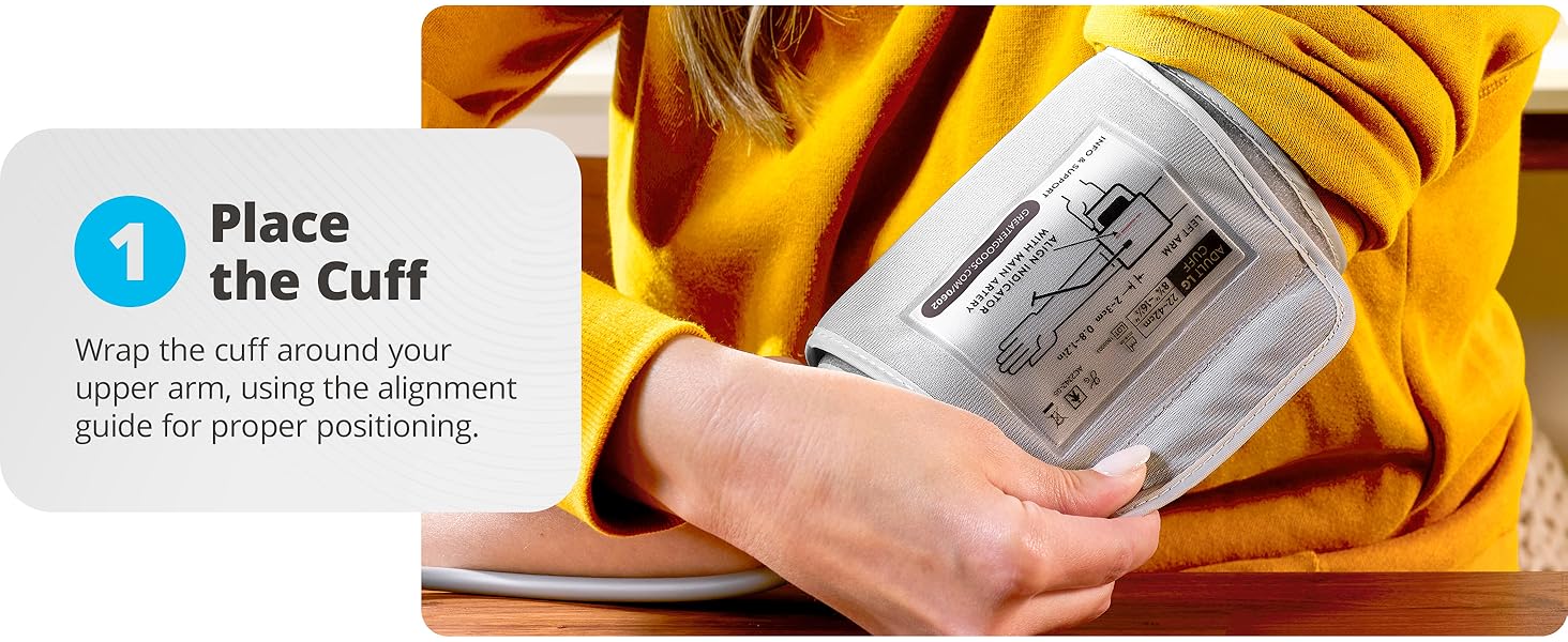 Greater Goods blood pressure monitor place comfortable cuff snug around the upper arm