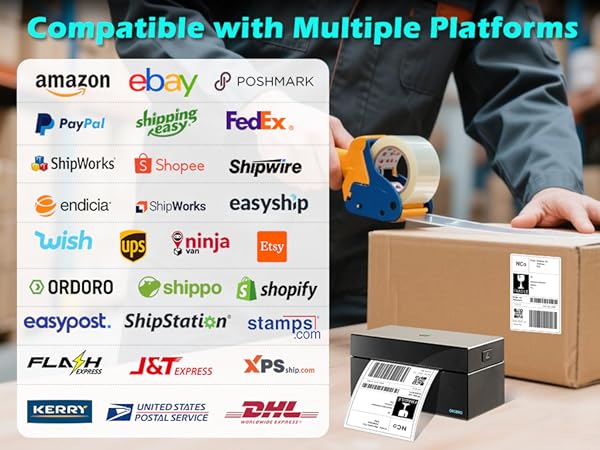 Text reads 'Compatible with Multiple Platforms'. Shows logos of various e-commerce platforms including , eBay, PayPal, Shopify, FedEx, UPS, DHL and others arranged around shipping box image.