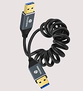Coiled black cable or cord accessory with blue USB connectors on both ends, shown from multiple angles demonstrating its flexible, spiral design.