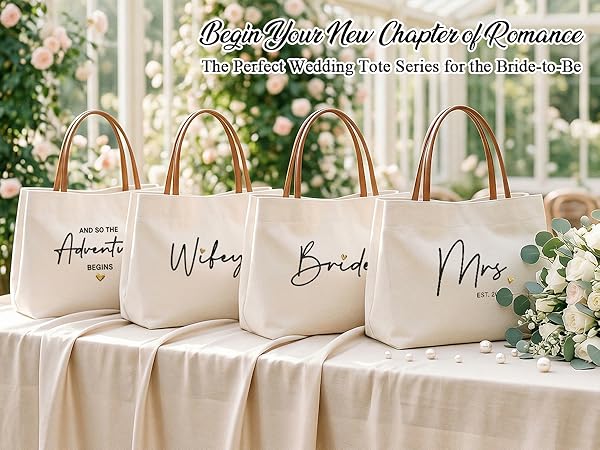 Elegant wedding tote bags for bride on a romantic floral table setting