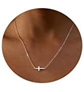 CAROVO Dainty Cross Pendant Necklaces for Women 14K Gold Plated Cute Faith Cross Necklace Sideway...