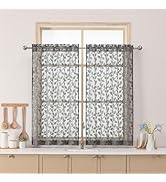 Chyhomenyc Charcoal Grey Sheer Curtains 36 Inch Length, Light Filtering Leaf Tufted Textured Smal...