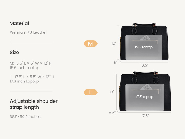 PU leather in two sizes. M fits 15.6 inch L fits 17.3 inch adjustable strap included.