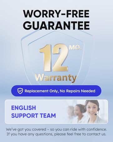 Promotional image for a 12-month warranty guarantee. Features a shield icon with '12 MO. Warranty' text, 'Replacement Only, No Repairs Needed' policy, and mentions English support team availability.