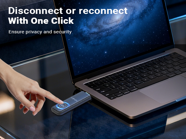 Text reads 'Disconnect or reconnect With One Click'. Images show hands interacting with laptop touchpad or wireless device.