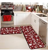 Red Buffalo Plaid Snowflake Christmas Kitchen Rugs and Mats Set of 2, Winter Home Decor Low-Profi...