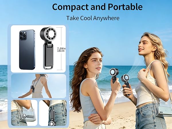 Text reads "Compact and Portable" and "Take Cool Anywhere". Portable air cooling device shown in black with wrist strap, displayed with two women using it at beach. Includes compact unit and attachment accessories.