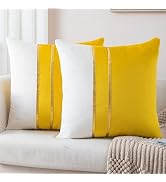 ZLINA Set of 2 Velvet Decorative Throw Pillow Covers Yellow White Patchwork with Gold Leather Pil...