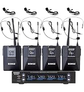 BOMGE 4 Channel UHF Wireless Microphone System with Lavalier Headset Mics, 4x50 Adjustable Freque...