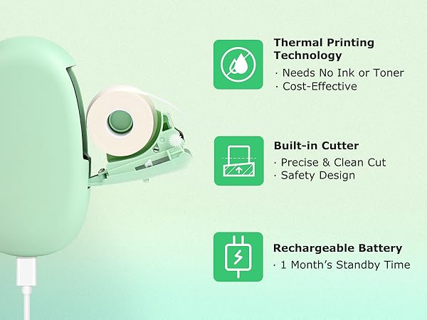 Ink-free label maker: Built-in cutter & rechargeable battery