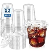 LIKAJON 50 Clear Plastic Cups with Strawless Sip Lids, 12 oz Disposable Iced Coffee Cups with Lid...