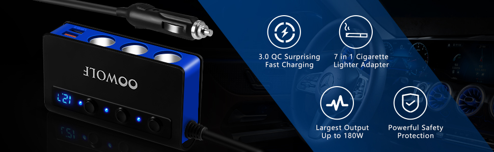 Black and blue portable device with LED indicators, featuring multiple charging capabilities shown through icons for fast charging and adapter functionality.