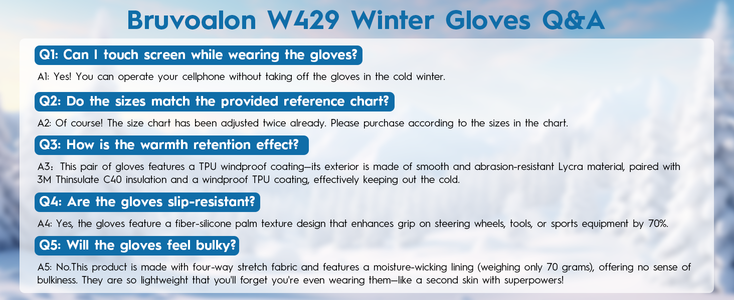 Winter Gloves FAQ Chart: Warmth, Grip, Sizing Q&A.