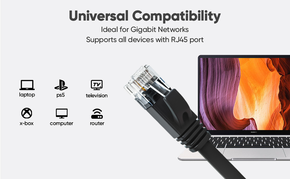 Ethernet cable compatibility infographic. Shows cable connecting to various devices including laptop, gaming console, TV, and computer. Text emphasizes universal compatibility.