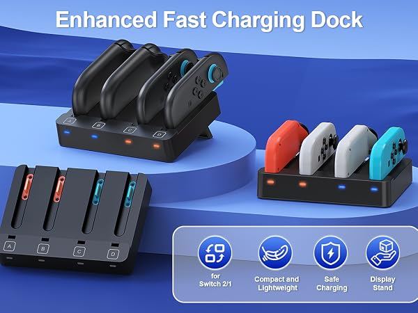 Enhanced Fast Charging Dock with multiple charging slots for game controllers. Features black and colorful controller docks, with icons indicating fast charging and compatibility.